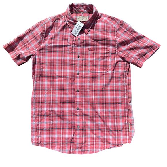 ExOfficio Keats Shirt Short Sleeves Button Up Plaid Spiced Coral Mens Medium NEW - Picture 1 of 10